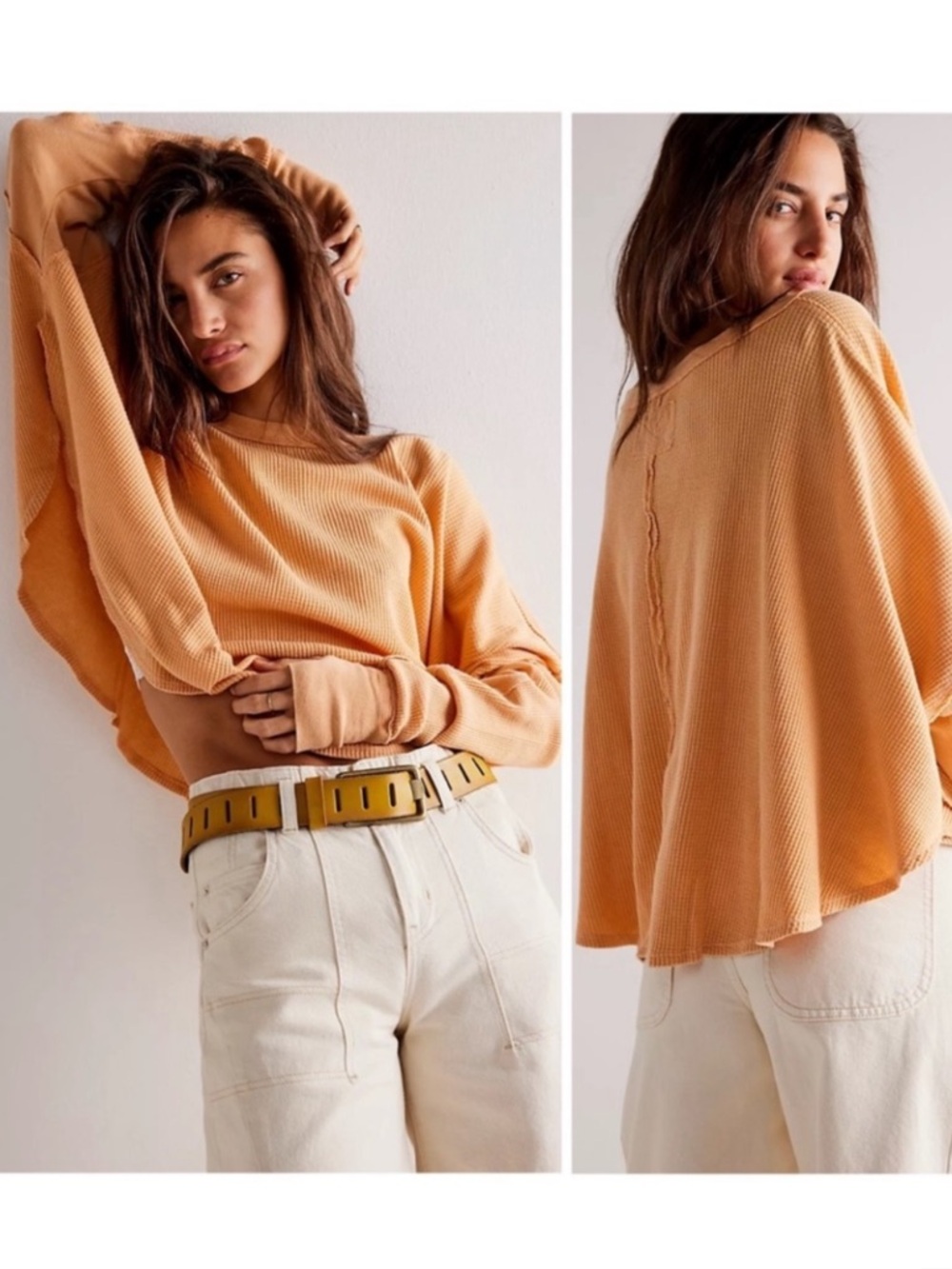 Free People We The Free Peach Boxy Waffle-Knit Oversized Long Sleeve Top